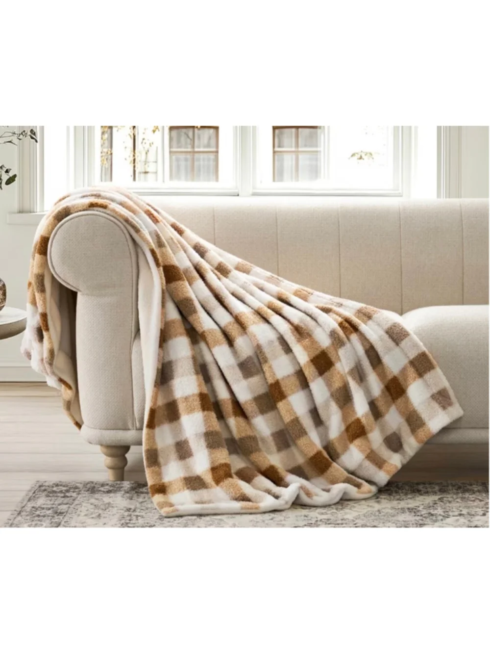 NEW Plaid Sherpa Throw Blanket One Size Beige and White